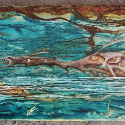 THE WATER DRAGON Skateboard painting. Oil on wooden skateboard